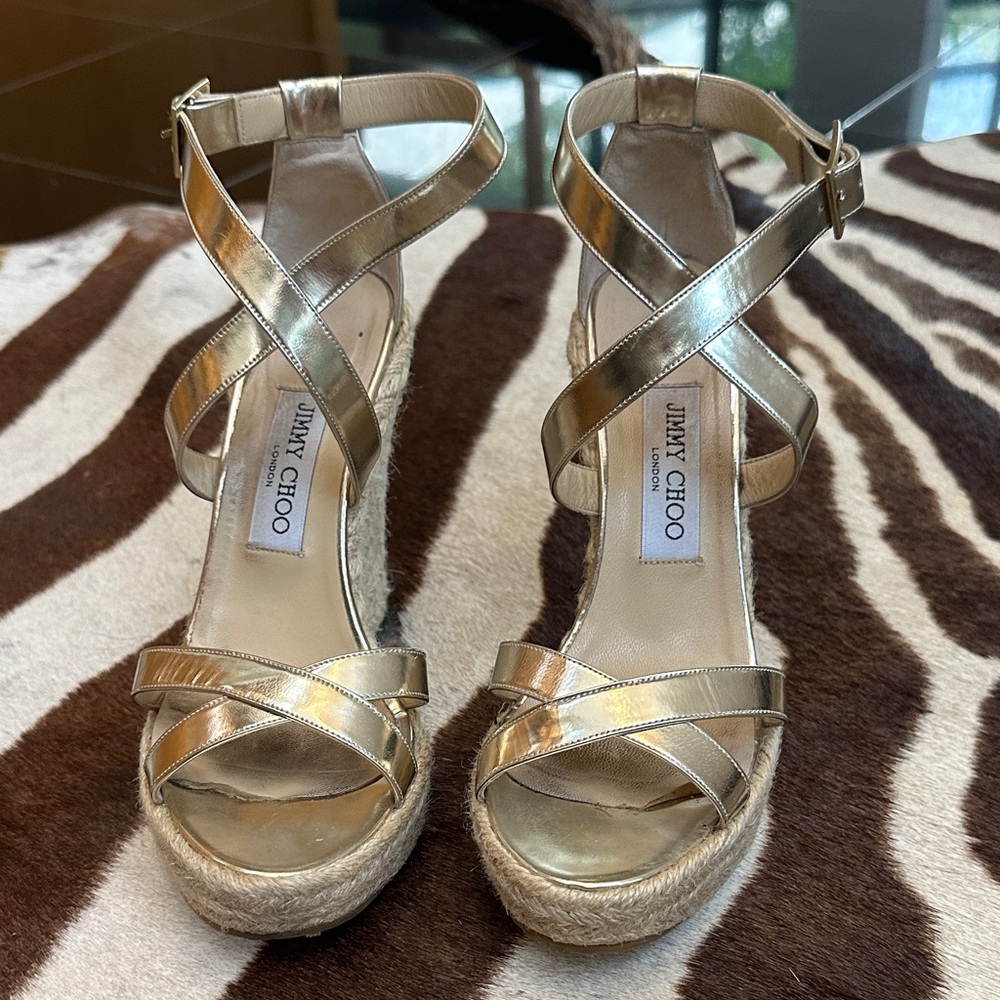 Jimmy Choo Metallic Gold Wedge Sandals - Picture 2 of 9